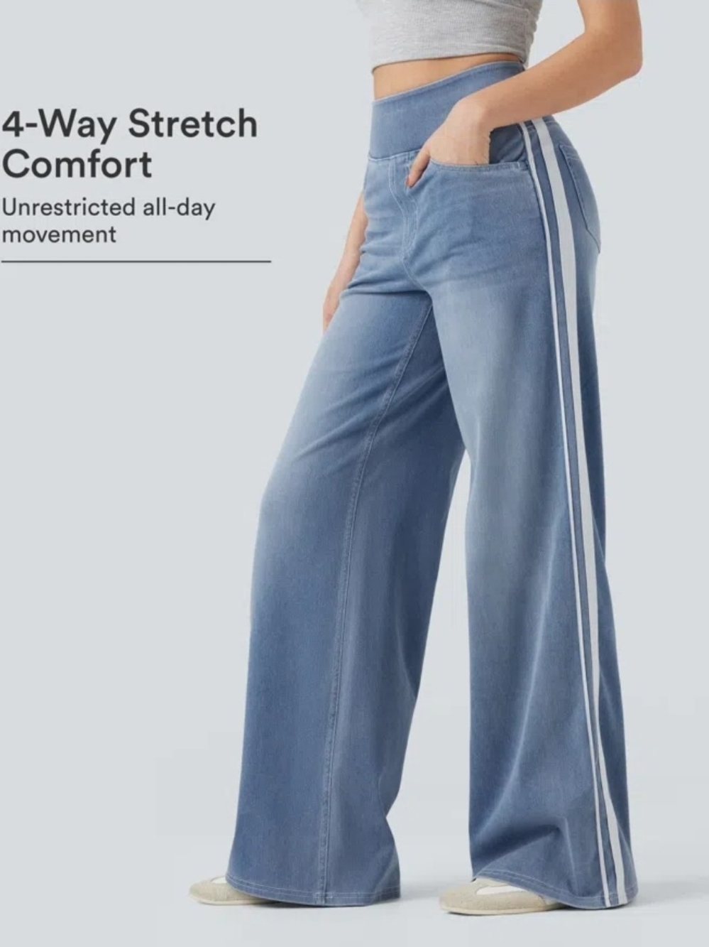Halara Flex High Waisted Stripe Wide Leg Flowy Washed Casual Jeans with Pockets